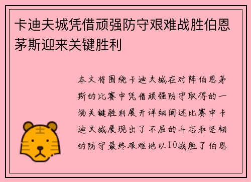 卡迪夫城凭借顽强防守艰难战胜伯恩茅斯迎来关键胜利