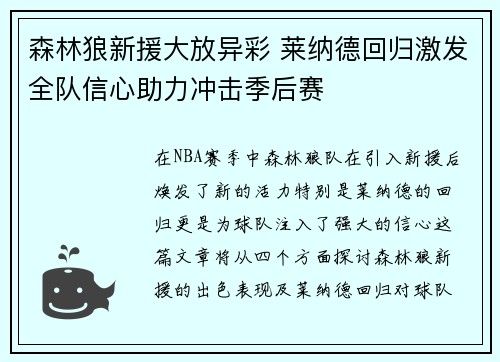 森林狼新援大放异彩 莱纳德回归激发全队信心助力冲击季后赛