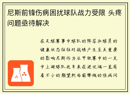 尼斯前锋伤病困扰球队战力受限 头疼问题亟待解决