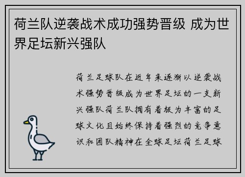 荷兰队逆袭战术成功强势晋级 成为世界足坛新兴强队
