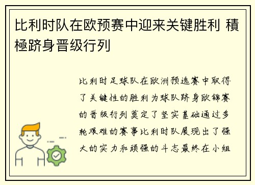 比利时队在欧预赛中迎来关键胜利 積極跻身晋级行列