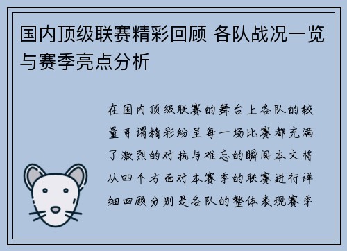 国内顶级联赛精彩回顾 各队战况一览与赛季亮点分析